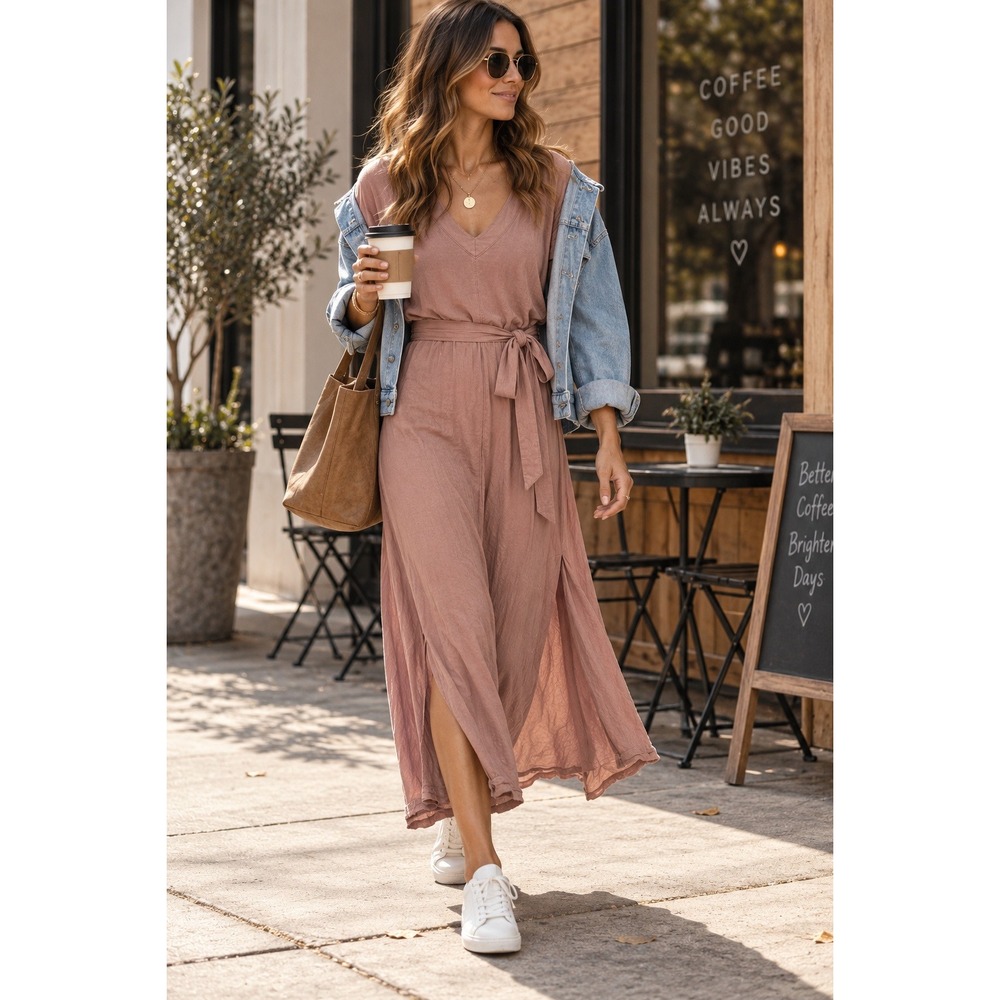 Splendid Collection Evian V-Neck Maxi Dress Dusty Rose Belted Pockets Small